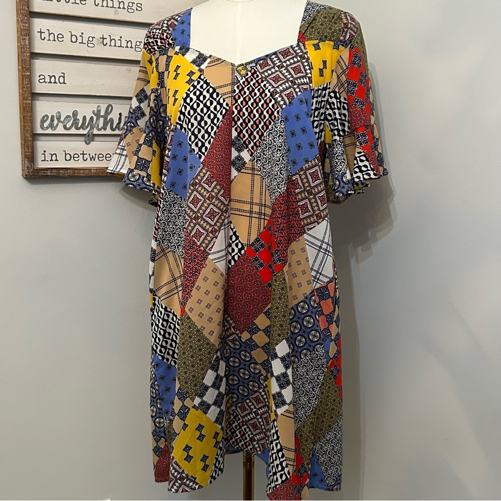 Umgee Patchwork Print Sweetheart Neckline Ruffle … - image 1